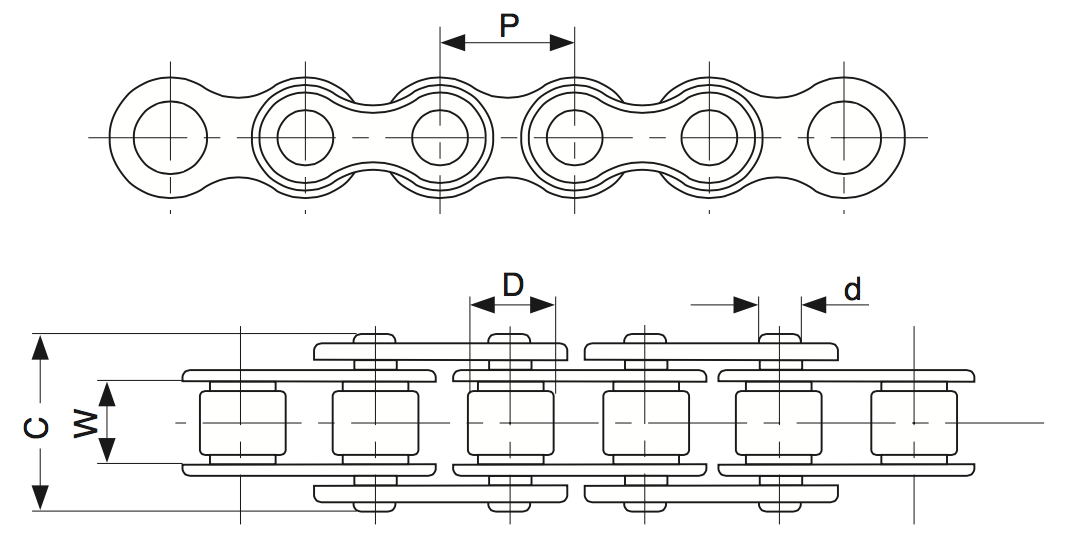 Однорядная роликовая цепь и обозначения размеров