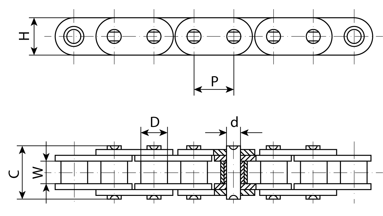 Однорядная роликовая цепь с прямыми пластинами и обозначения размеров