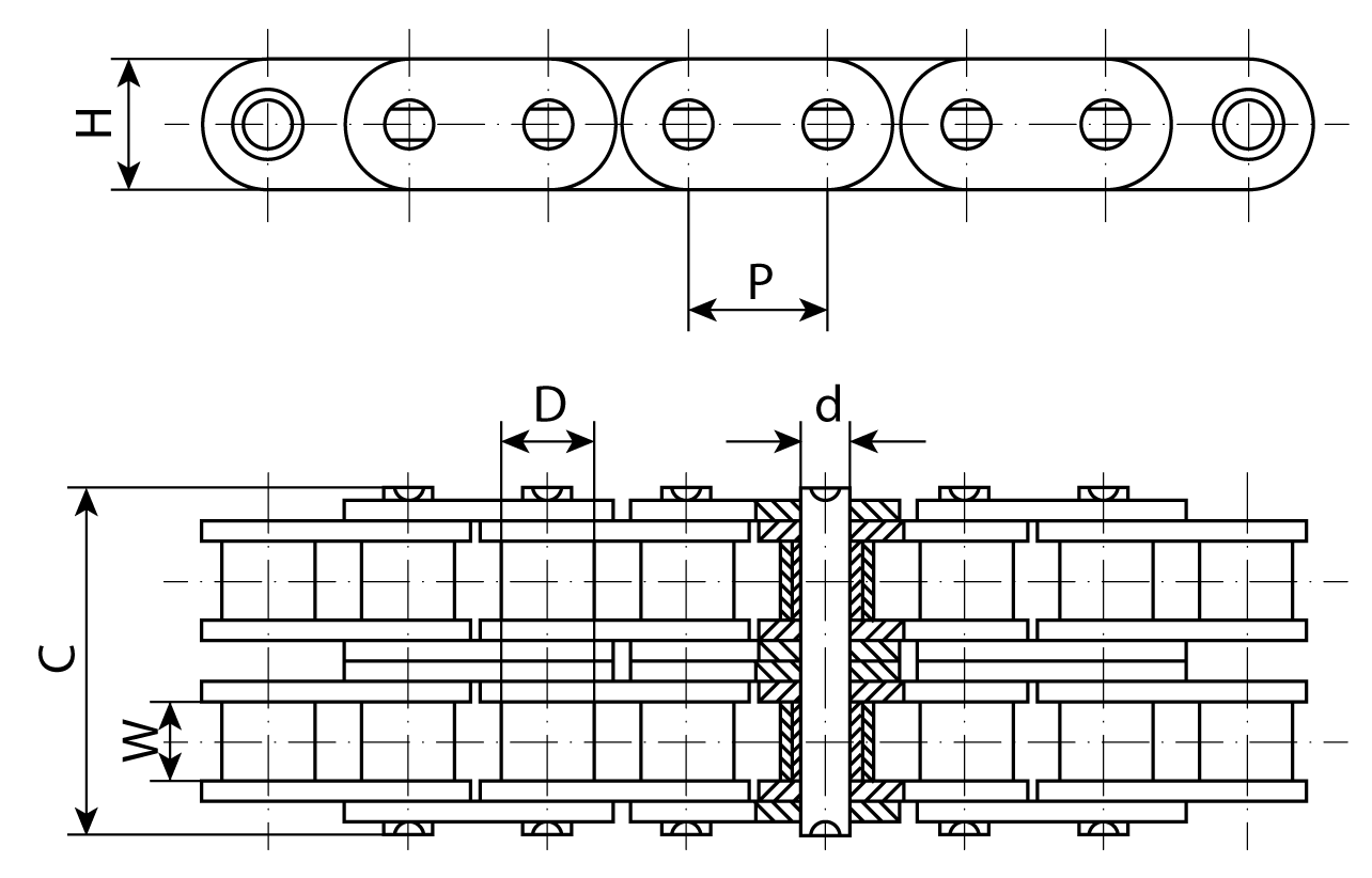 Двухрядная роликовая цепь с прямыми пластинами и обозначения размеров
