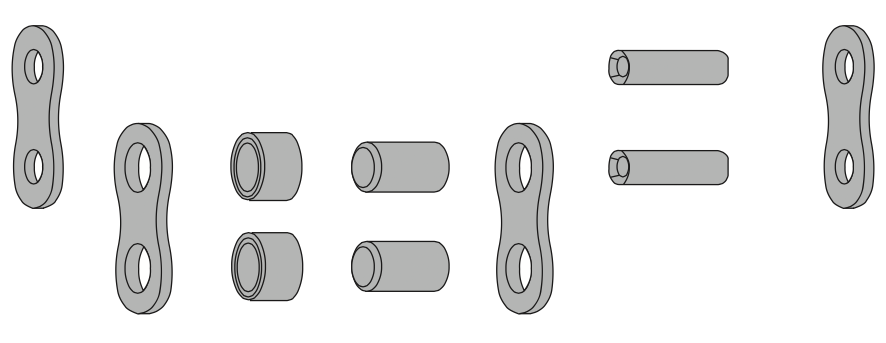 Схема наружных и внутренних пластин-звеньев, валиков и роликов со втулкой роликовой цепи