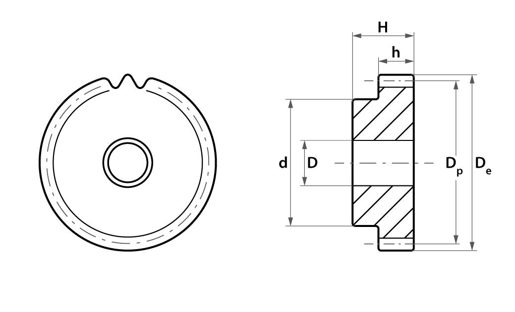 Схема шестеренки со ступицей для зубчатой рейки